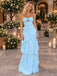 Sky Blue Strapless Bow Cutout Chiffon Asymmetrical Tiered Long Prom Dress,PDS118580