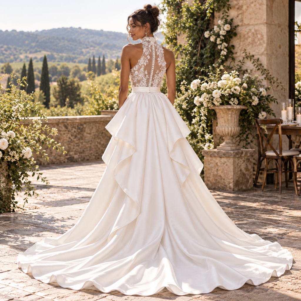Exquisite High Neck Sheer Lace Mermaid Wedding Dress with Detachable Satin Overskirt,WD0440