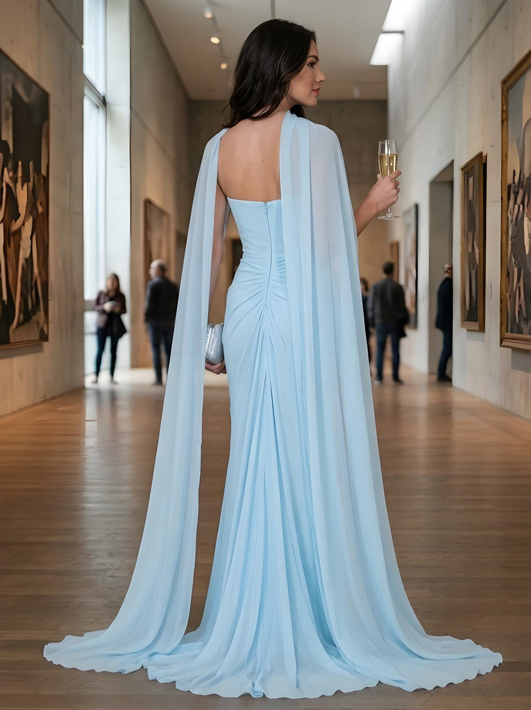 Elegant Sky Blue Chiffon Cape Pleated Strapless Mermaid Formal Dress,PDS118767