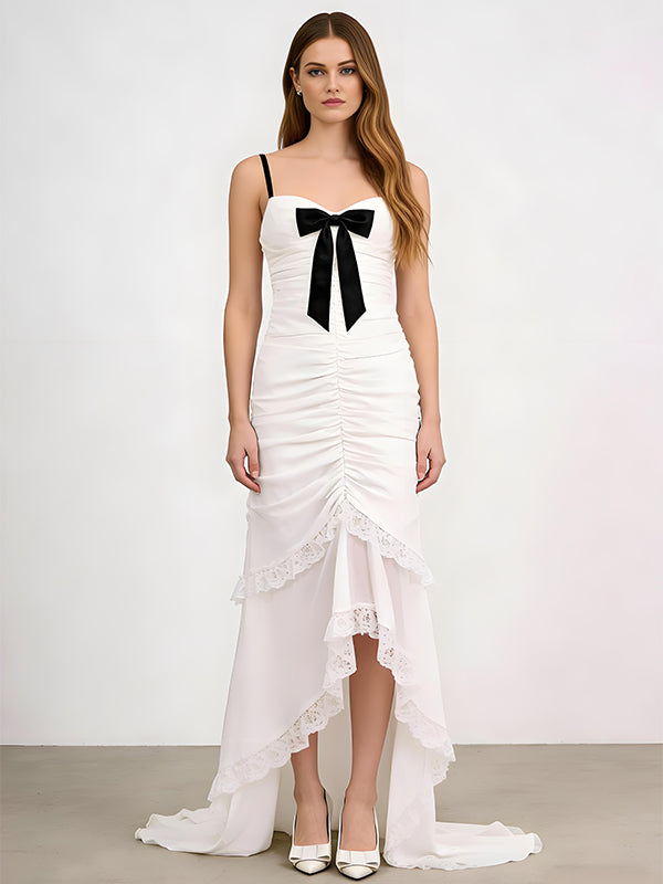 Black and White Lace Ruffles High-Low Mermaid Long Prom Party Dress,PDS118498