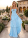 Sky Blue Strapless Bow Cutout Chiffon Asymmetrical Tiered Long Prom Dress,PDS118580