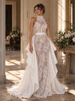 Exquisite High Neck Sheer Lace Mermaid Wedding Dress with Detachable Satin Overskirt,WD0440