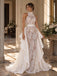 Exquisite High Neck Sheer Lace Mermaid Wedding Dress with Detachable Satin Overskirt,WD0440