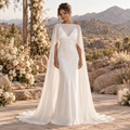 reamy Cape Sleeve Sheer Satin Mermaid Minimalist Wedding Gown,WD0441