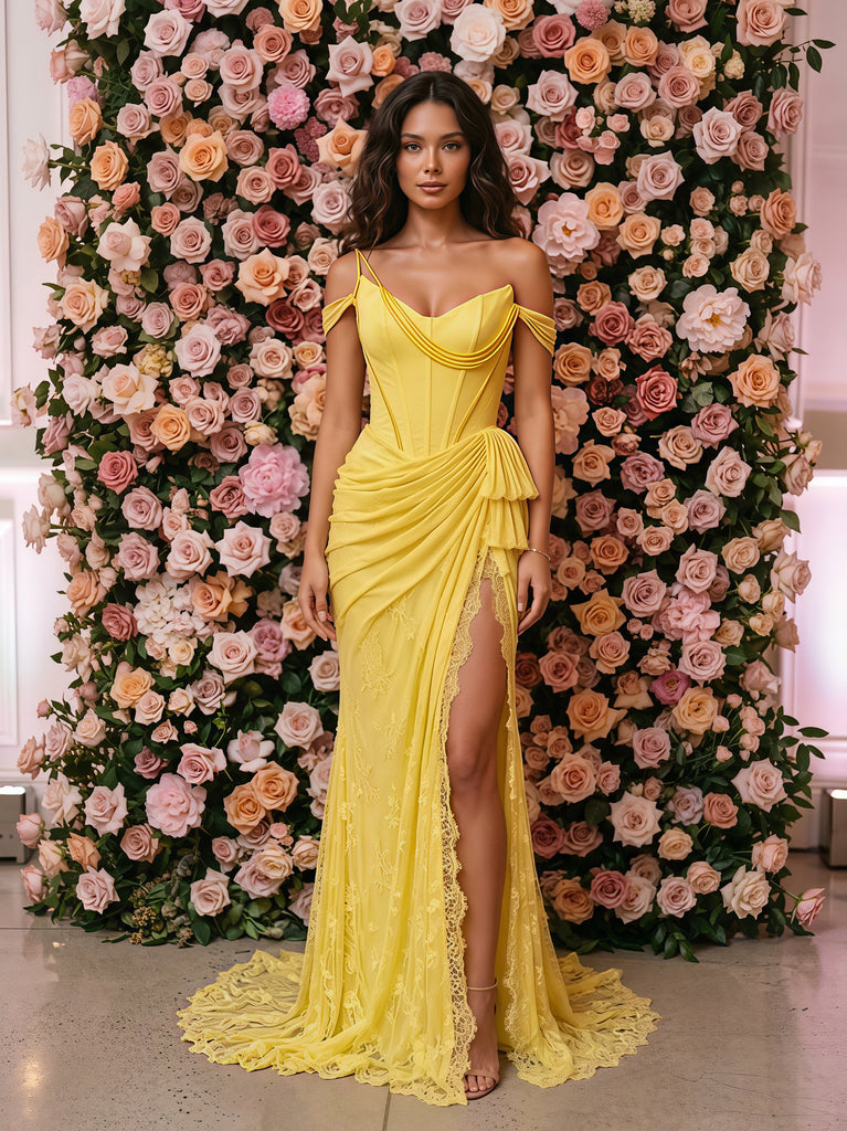 Stunning Yellow Lace Off Shoulder High Slit Mermaid Prom Gown,PDS118768