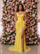Stunning Yellow Lace Off Shoulder High Slit Mermaid Prom Gown,PDS118768