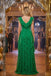 Green V-Neck Ruffled Chiffon High Slit A-Line Long Evening Gown,PDS118581