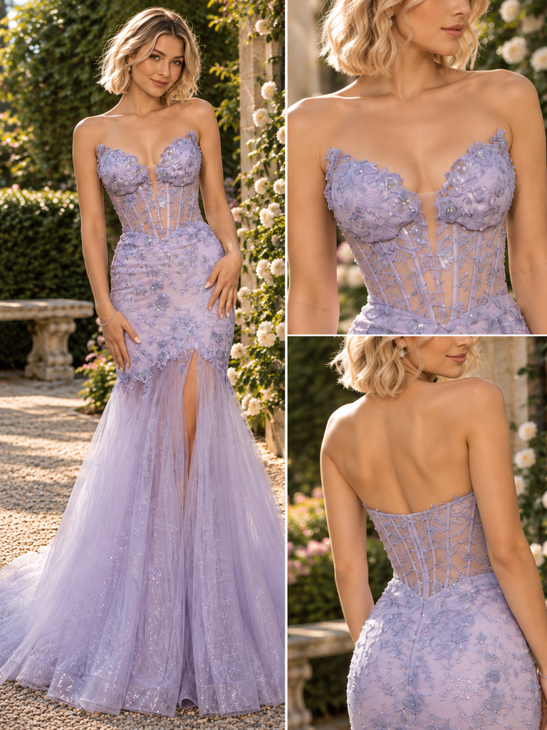Romantic Strapless Lace Appliqued Glitter Tulle Mermaid Prom Dress,PDS118682