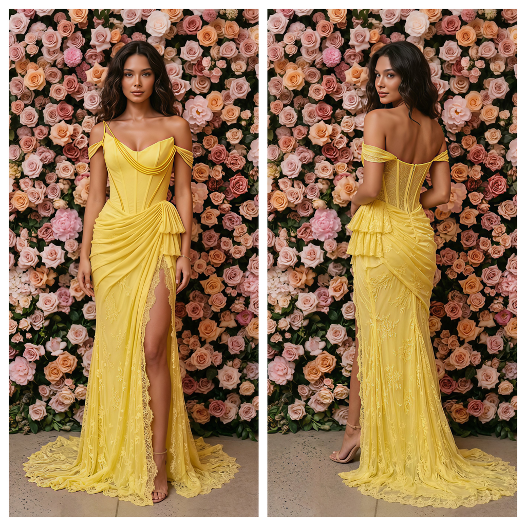 Stunning Yellow Lace Off Shoulder High Slit Mermaid Prom Gown,PDS118768