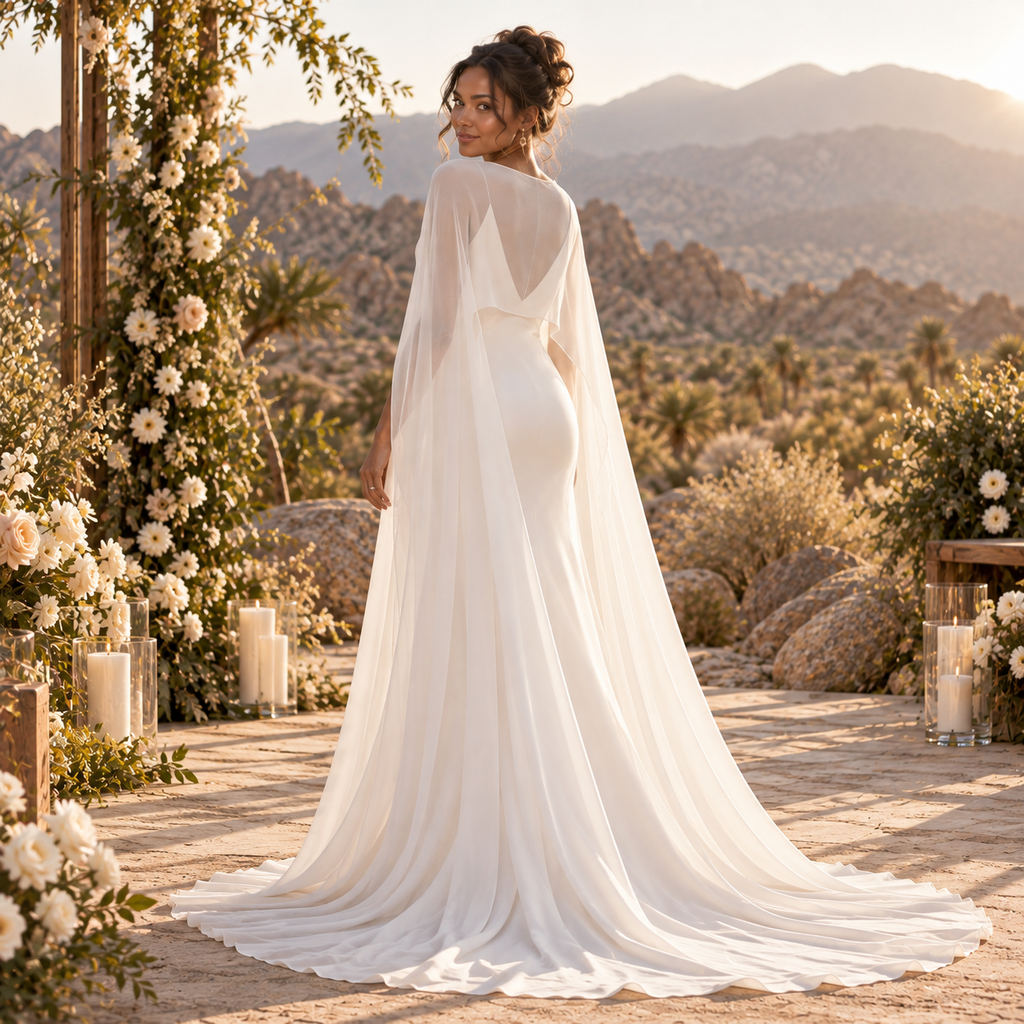 Dreamy Cape Sleeve Sheer Satin Mermaid Minimalist Wedding Gown,WD0441