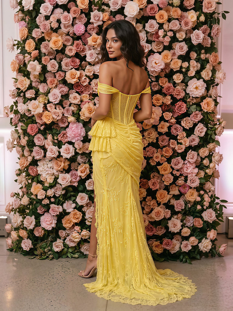 Stunning Yellow Lace Off Shoulder High Slit Mermaid Prom Gown,PDS118768