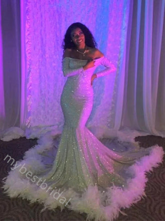 Sparkly Off Shoulder Sleeveless Side Slit Mermaid Floor Length Prom Dress,PDS11598