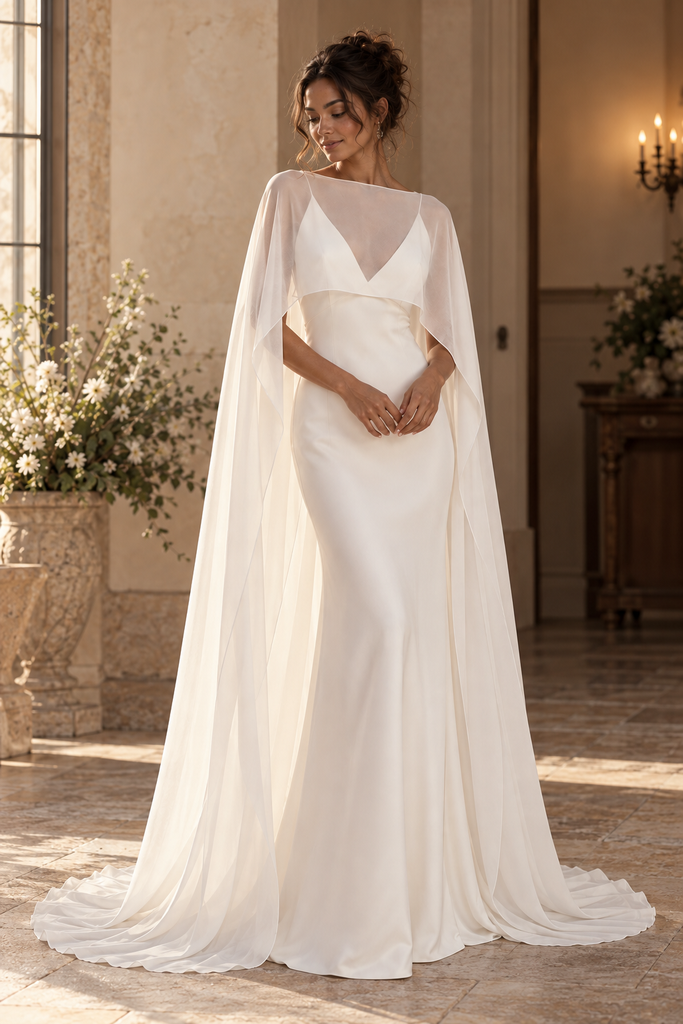 Dreamy Cape Sleeve Sheer Satin Mermaid Minimalist Wedding Gown,WD0441