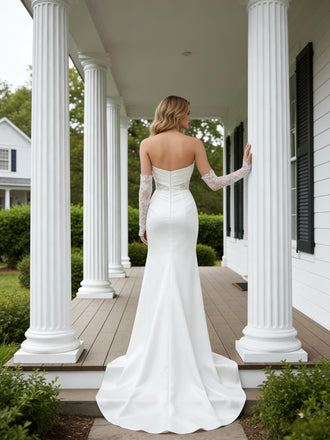 Elegant Ivoy V-Neck Strapless Lace and Satin Mermaid Long Prom Party Dress,PDS118500