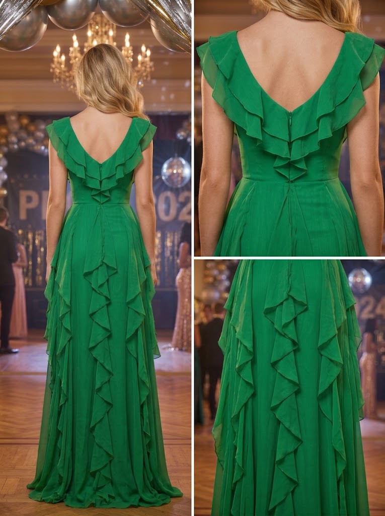 Green V-Neck Ruffled Chiffon High Slit A-Line Long Evening Gown,PDS118581