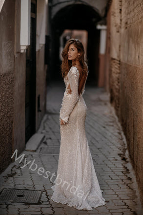 Sexy V-neck Long Sleeves Mermaid Lace Applique Wedding Dresses, WDY0353