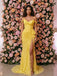 Stunning Yellow Lace Off Shoulder High Slit Mermaid Prom Gown,PDS118768