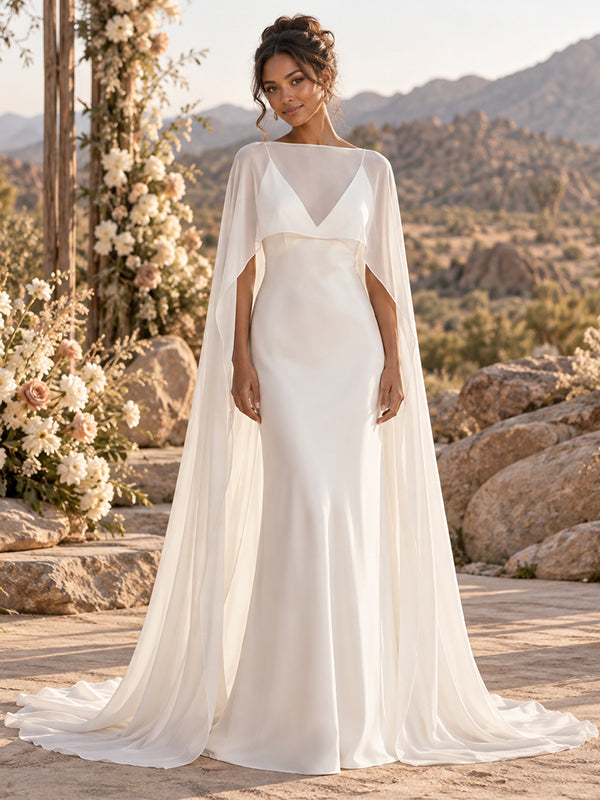 Dreamy Cape Sleeve Sheer Satin Mermaid Minimalist Wedding Gown,WD0441