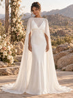 reamy Cape Sleeve Sheer Satin Mermaid Minimalist Wedding Gown,WD0441