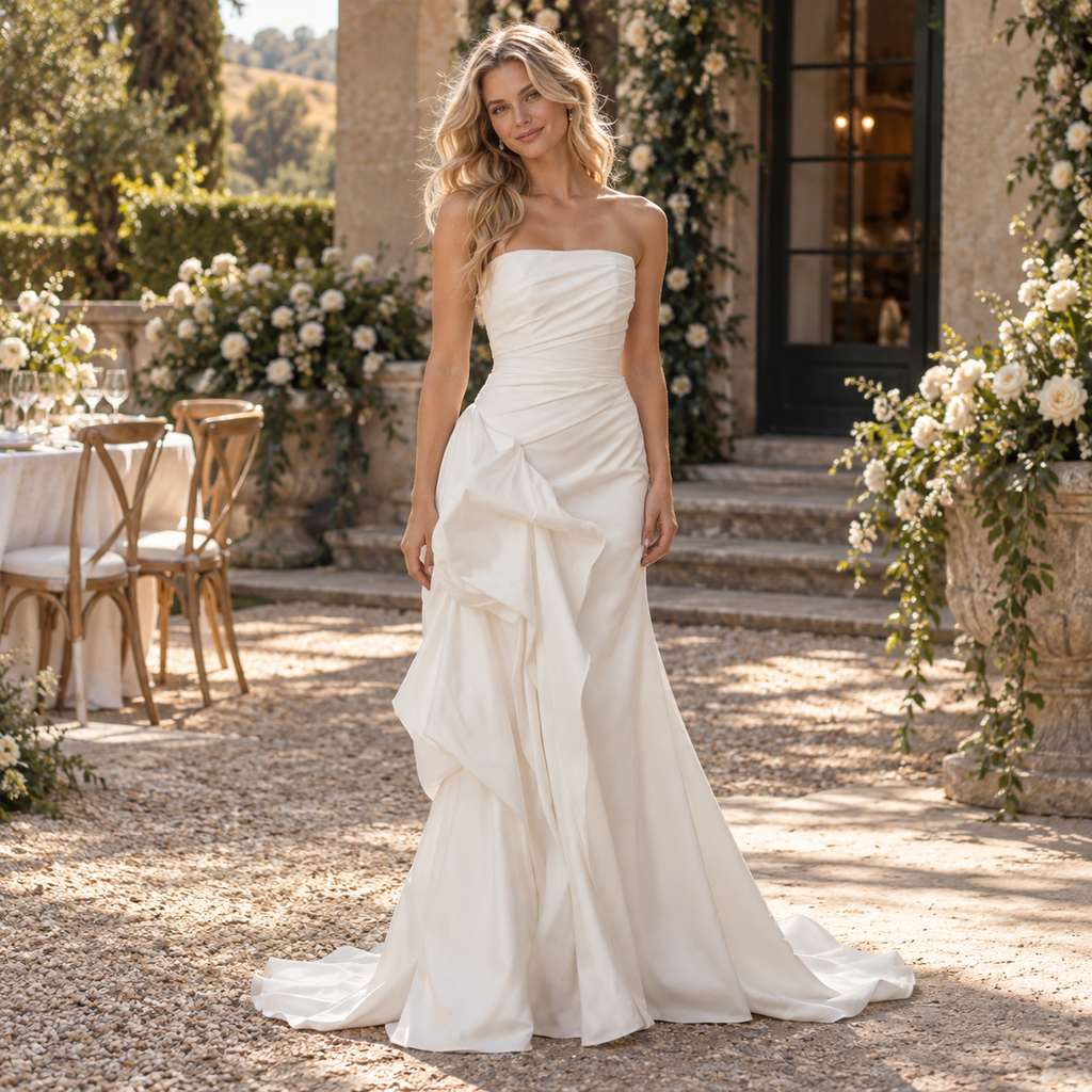 Luxurious Strapless Draped Satin Mermaid Wedding Dress with Statement Ruffles,WD0442