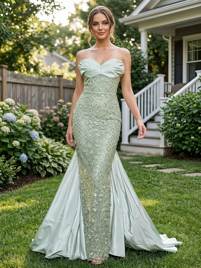 Luxe Sage Green Satin Beaded Strapless Mermaid Long Evening Dress,PDS118769