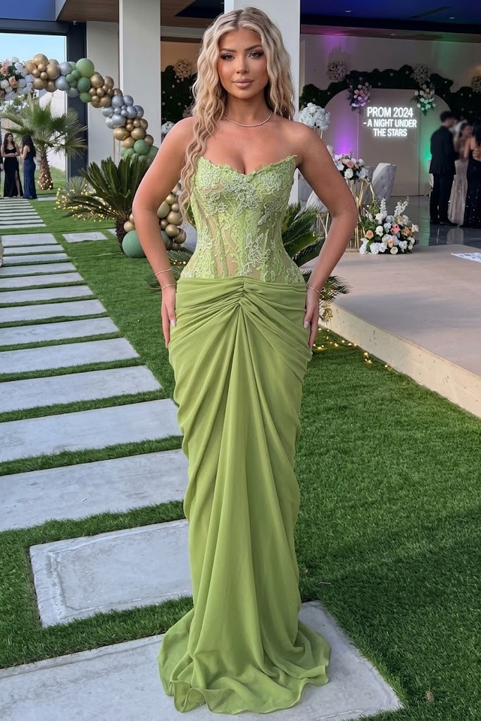 Sage Green Sweetheart Sheer Lace Corset Draped Chiffon Mermaid Prom Dress,PDS118582