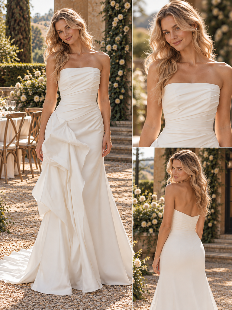 Luxurious Strapless Draped Satin Mermaid Wedding Dress with Statement Ruffles,WD0442