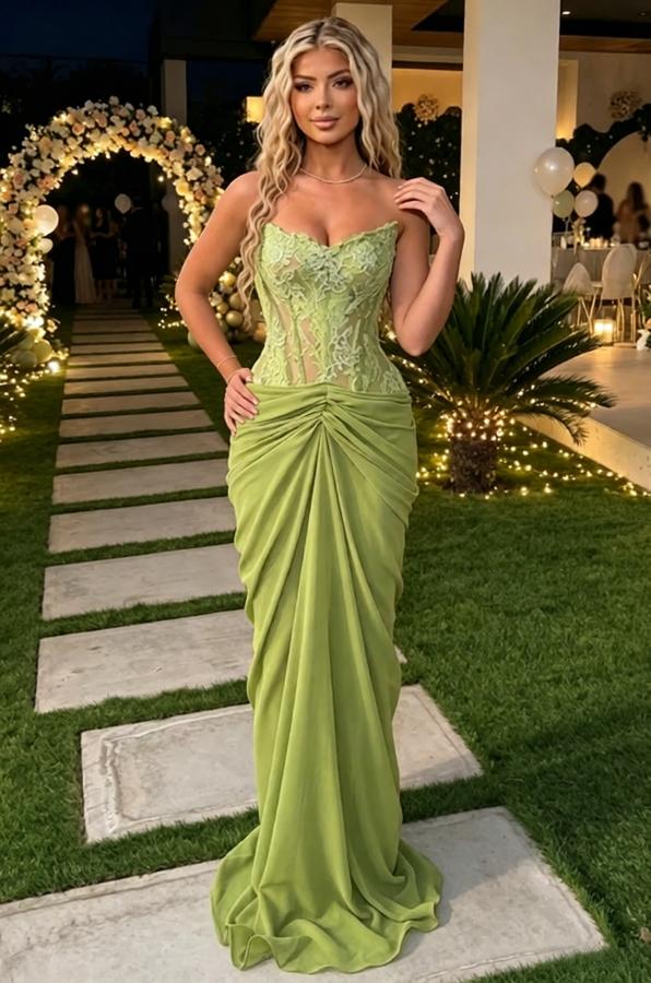 Sage Green Sweetheart Sheer Lace Corset Draped Chiffon Mermaid Prom Dress,PDS118582