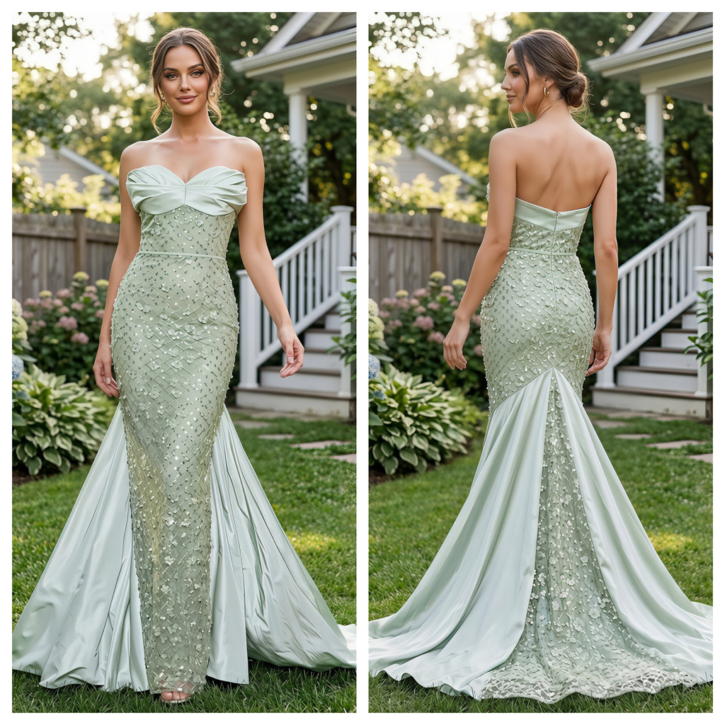 Luxe Sage Green Satin Beaded Strapless Mermaid Long Evening Dress,PDS118769