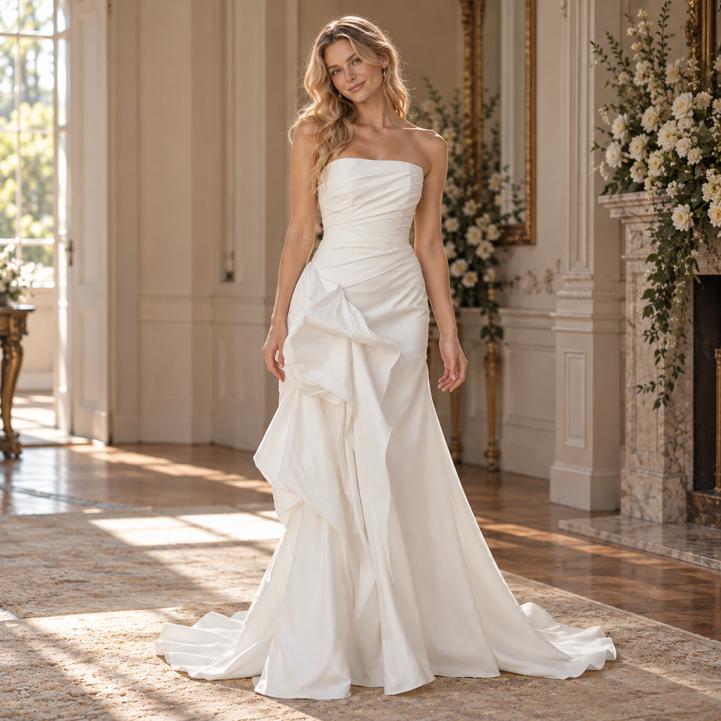 Luxurious Strapless Draped Satin Mermaid Wedding Dress with Statement Ruffles,WD0442