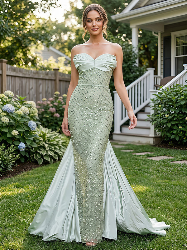 Luxe Sage Green Satin Beaded Strapless Mermaid Long Evening Dress,PDS118769