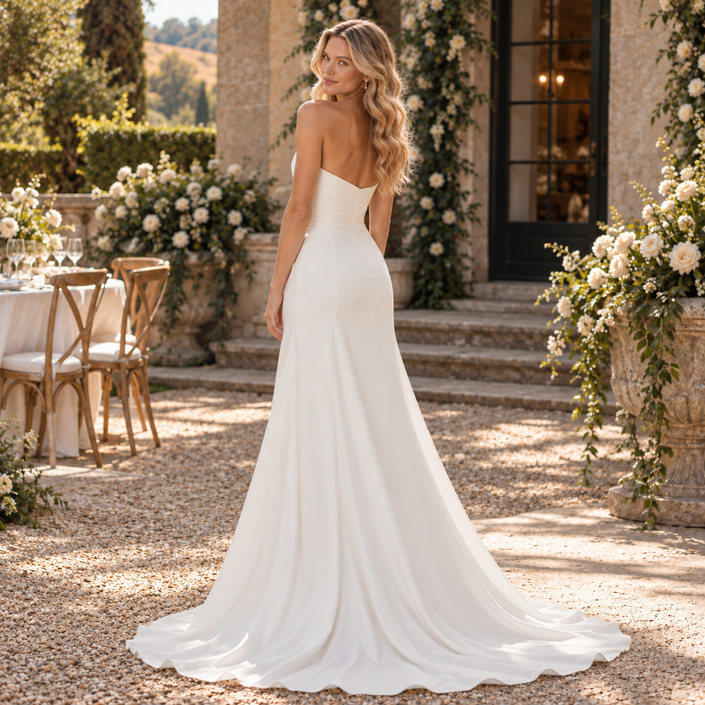 Luxurious Strapless Draped Satin Mermaid Wedding Dress with Statement Ruffles,WD0442