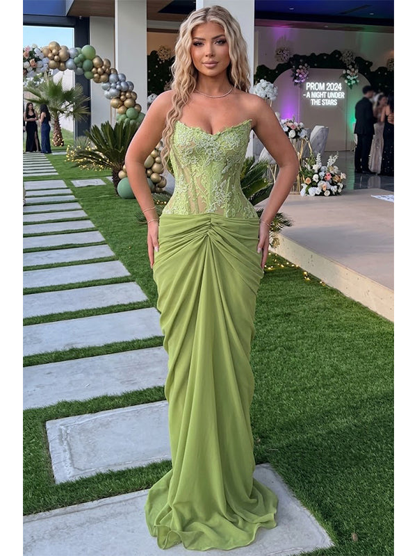 Sage Green Sweetheart Sheer Lace Corset Draped Chiffon Mermaid Prom Dress,PDS118582