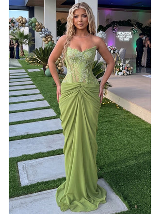 Sage Green Sweetheart Sheer Lace Corset Draped Chiffon Mermaid Prom Dress,PDS118582
