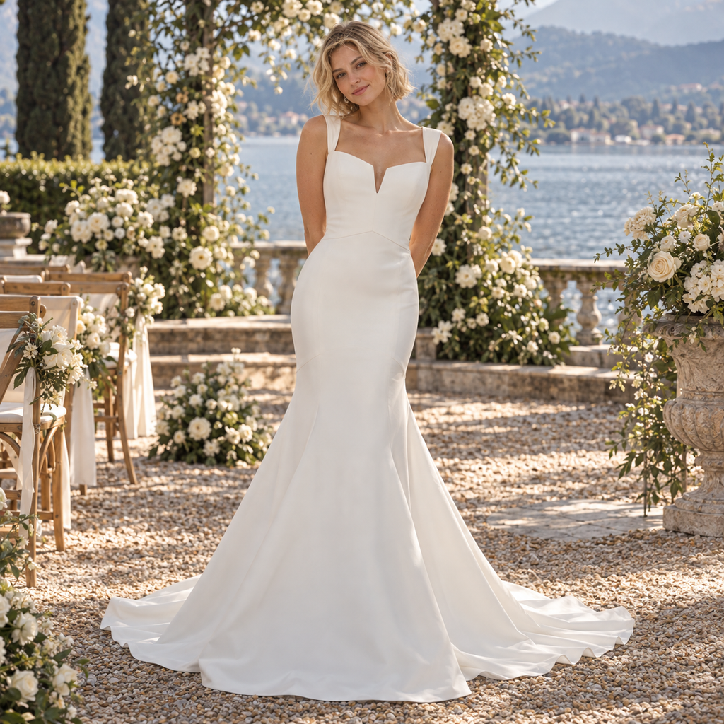 Chic Wide Strap Sleeveless Sweetheart Satin Floor Length Wedding Dress,WD0443