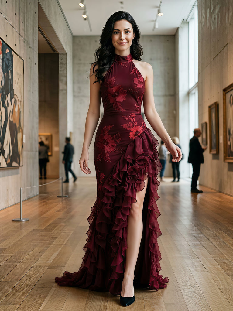 Chic Burgundy Floral Chiffon Halter Ruffled Slit Mermaid Formal Dress,PDS118763