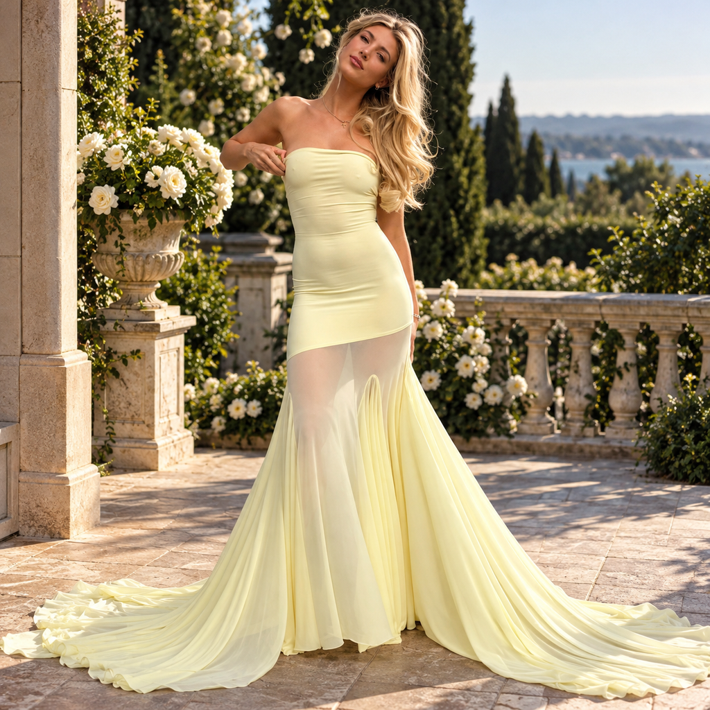 Sexy Strapless Sheer Chiffon Mermaid Train Prom Evening Dress,PDS118684