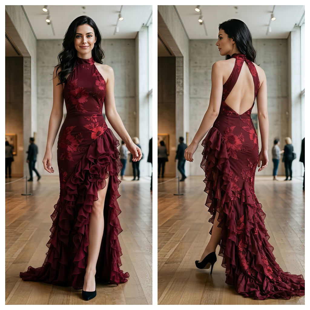 Chic Burgundy Floral Chiffon Halter Ruffled Slit Mermaid Formal Dress,PDS118763
