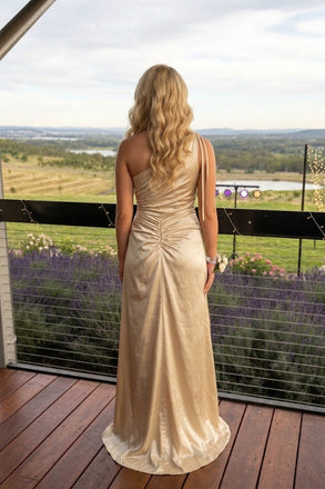 Champagne Satin One Shoulder Ruched Sleeveless A-Line Long Evening Dress,PDS118583