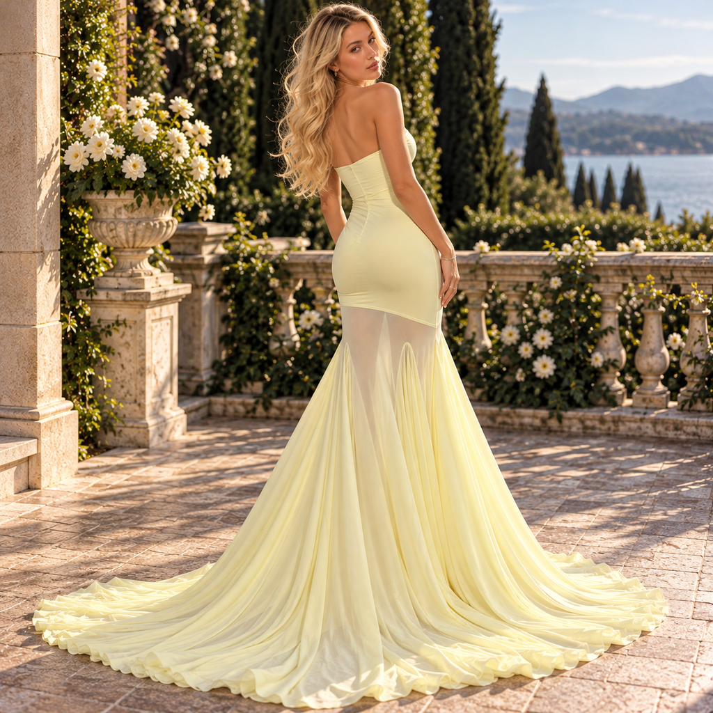 Sexy Strapless Sheer Chiffon Mermaid Train Prom Evening Dress,PDS118684