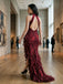 Chic Burgundy Floral Chiffon Halter Ruffled Slit Mermaid Formal Dress,PDS118763