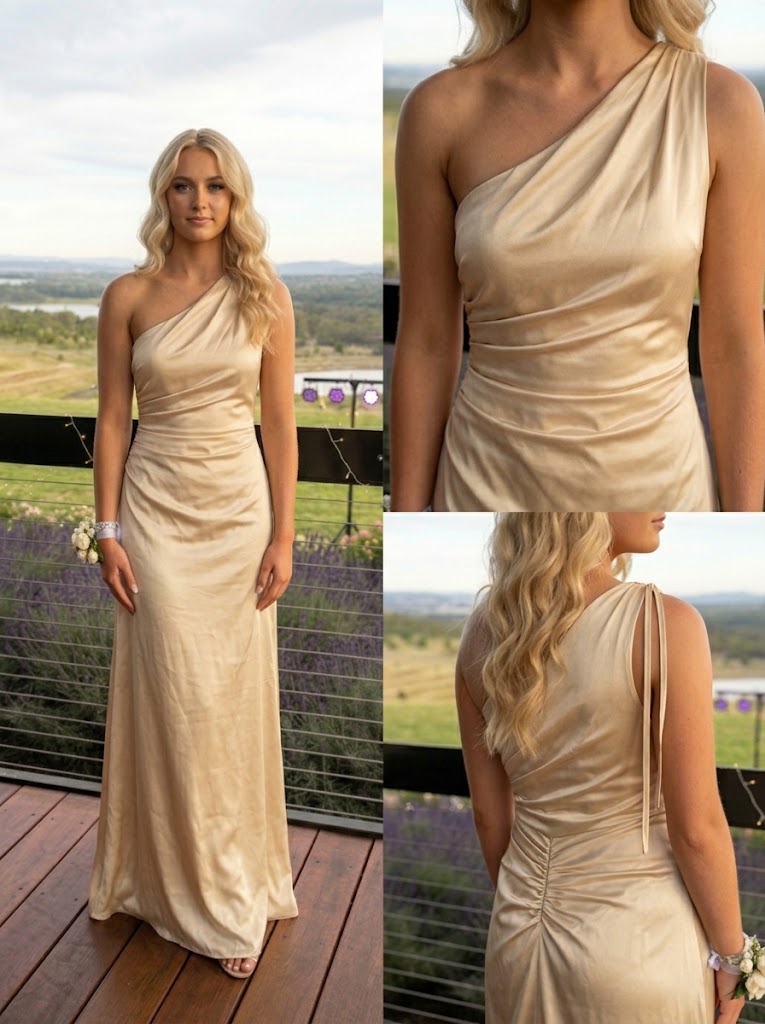 Champagne Satin One Shoulder Ruched Sleeveless A-Line Long Evening Dress,PDS118583