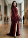 Chic Burgundy Floral Chiffon Halter Ruffled Slit Mermaid Formal Dress,PDS118763
