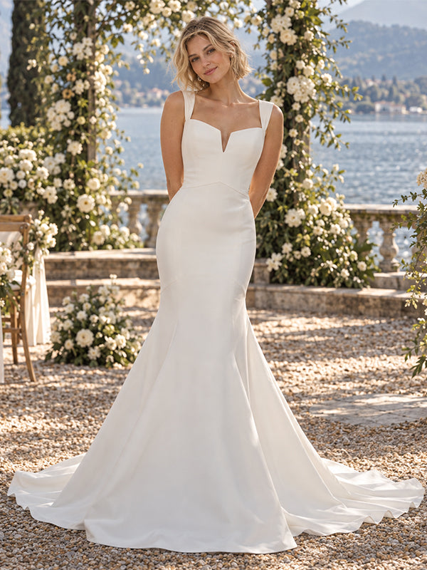Chic Wide Strap Sleeveless Sweetheart Satin Floor Length Wedding Dress,WD0443