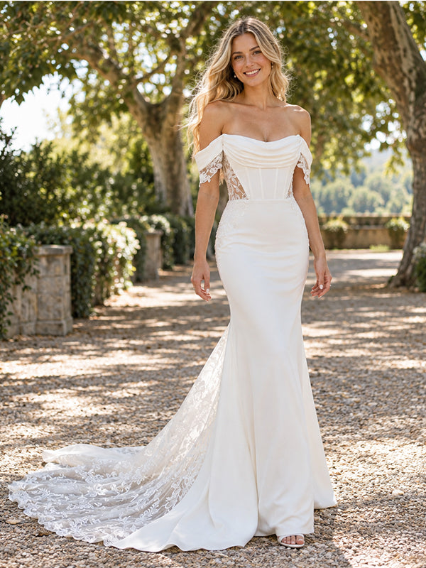 Breathtaking Off Shoulder Corset Lace Illusion Mermaid Wedding Gown with Lace Train,WD0444