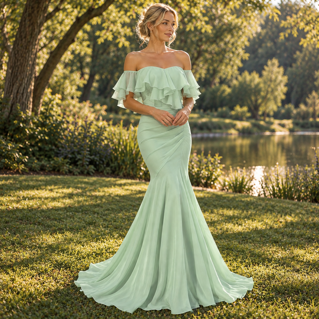Soft Off Shoulder Ruffled Chiffon Mermaid Long Formal Dress,PDS118685