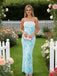 Sky-Blue Lace Appliques Strapless Chiffon Mermaid Long Prom Party Dress,PDS118502
