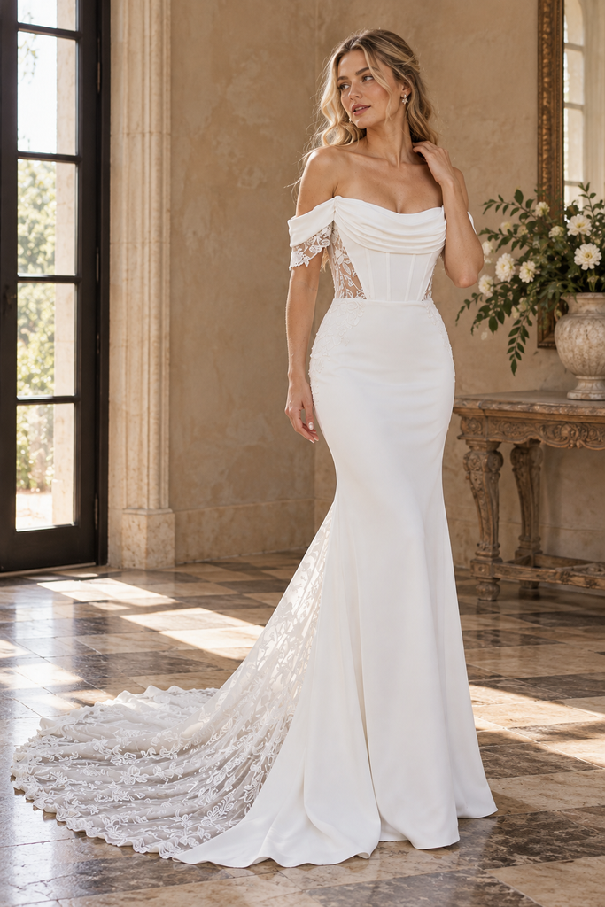 Breathtaking Off Shoulder Corset Lace Illusion Mermaid Wedding Gown with Lace Train,WD0444