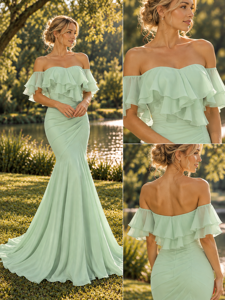 Soft Off Shoulder Ruffled Chiffon Mermaid Long Formal Dress,PDS118685
