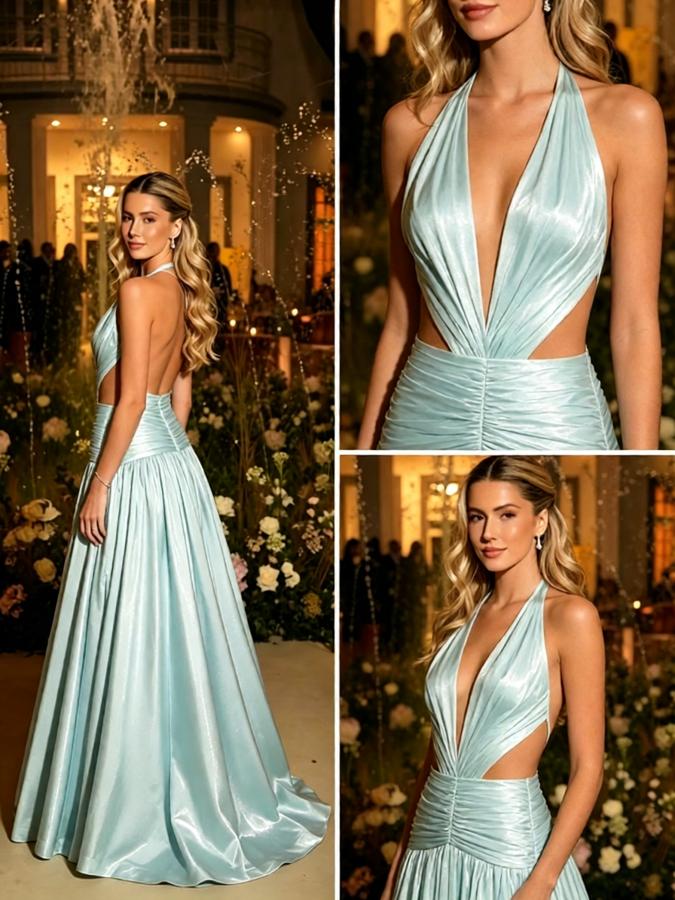 Light Blue Satin Halter Cutout Pleated Sleeveless A-Line Long Prom Gown,PDS118584